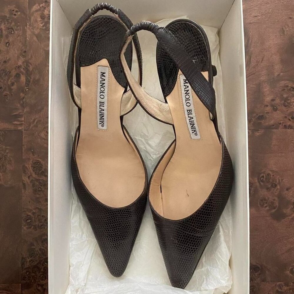 Manolo Blahnik pointed-toe slingback kitten heels in brown lizard leather